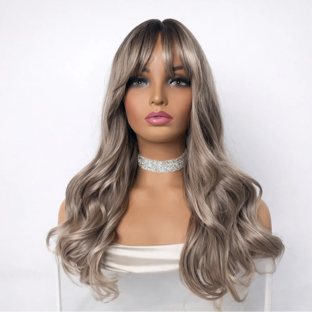Long Wavy Ash Brown Balayage Silver lilac Wig – Curtain Bangs, Classic